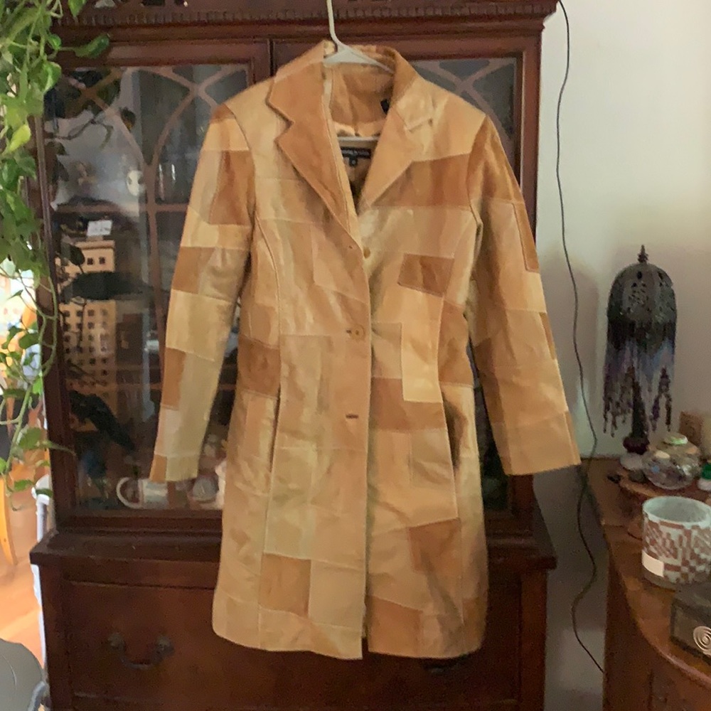 Boho leather patch  long coat size xs vintage